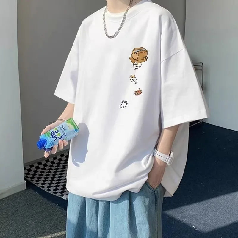 Oversized Kitten Print T-Shirt - Korean Fashion Couple Tee