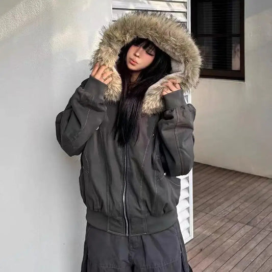 Unisex Fur Collar Hooded Parka