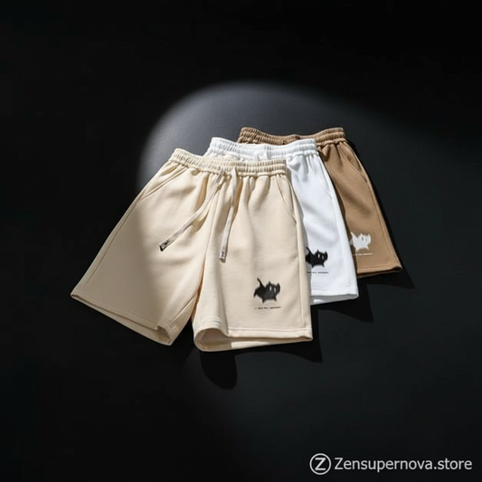 Three pairs of shorts in beige, white, and brown on a black background with 'Zensupernova.store' branding.
